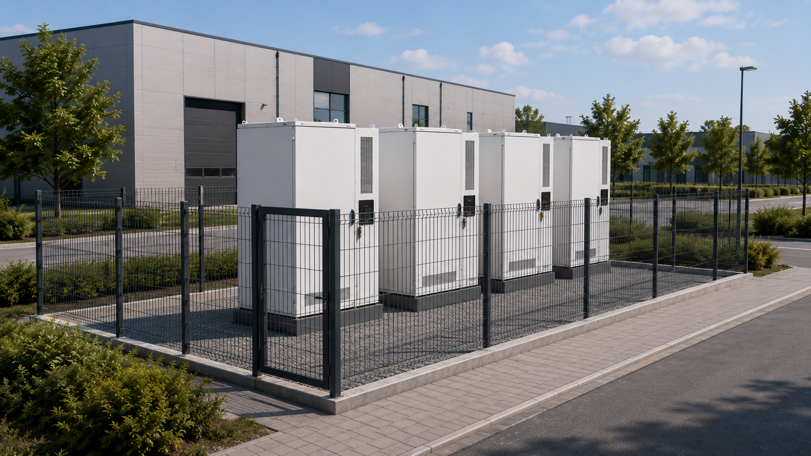 Batteriespeicher-Park (BESS) mit mehreren Einheiten an einem Industriestandort in Deutschland